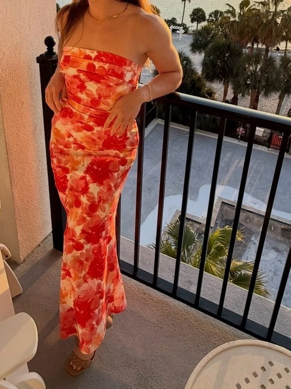 Orange & White Strapless Floral Maxi Skirt